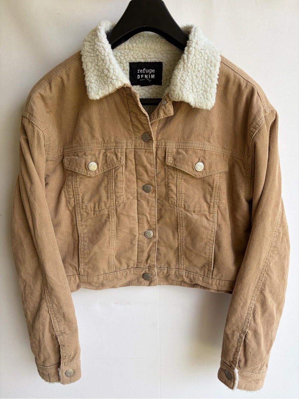 Refuge Denim Tan Corduroy Cropped Trucker Jacket White Sherpa Collar Size L